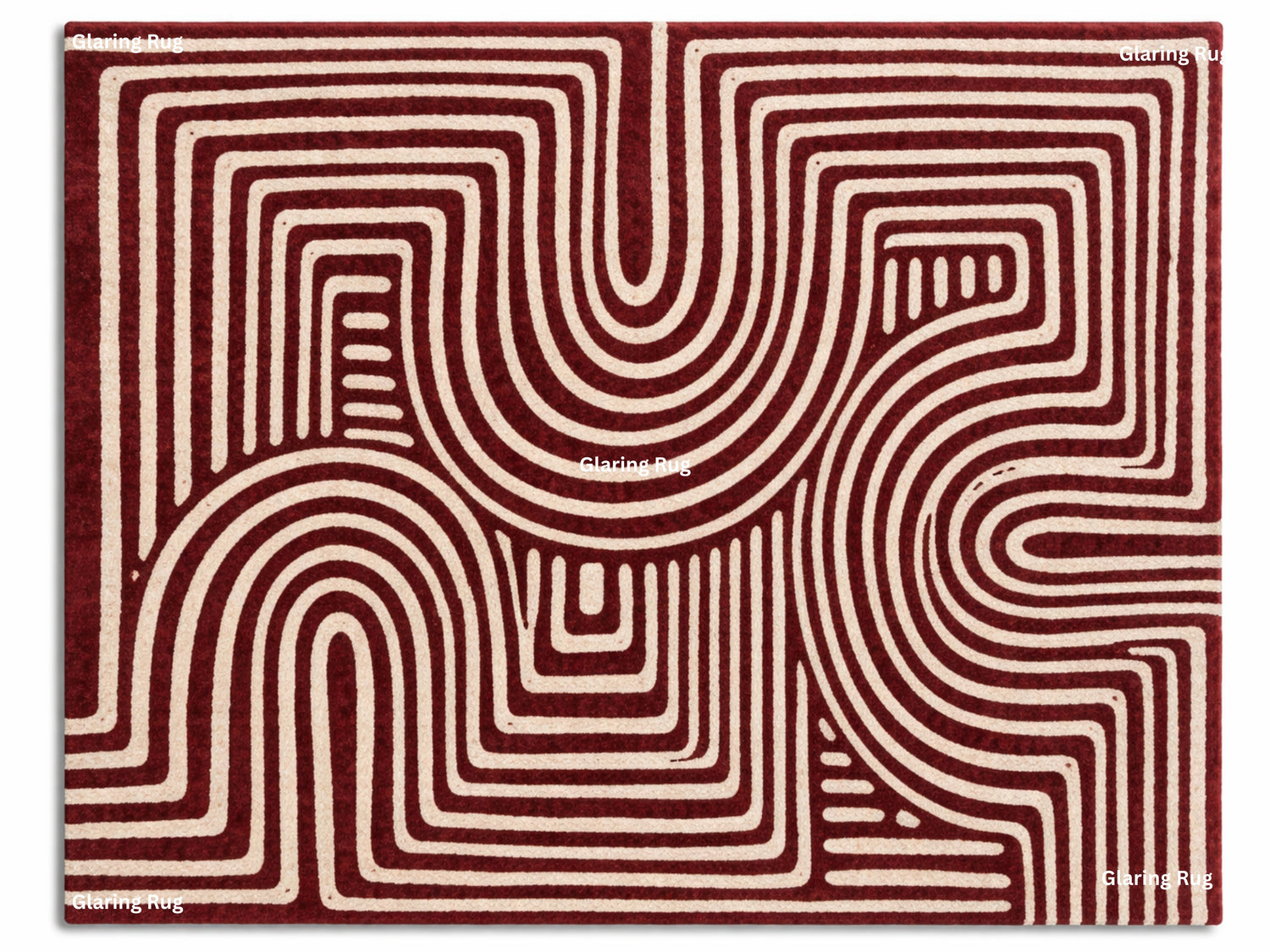 A rectangular rug with a geometric pattern. The rug features a repeating design of curved and straight lines in a cream color against a deep red background. The rug's design creates a sense of depth and movement.
