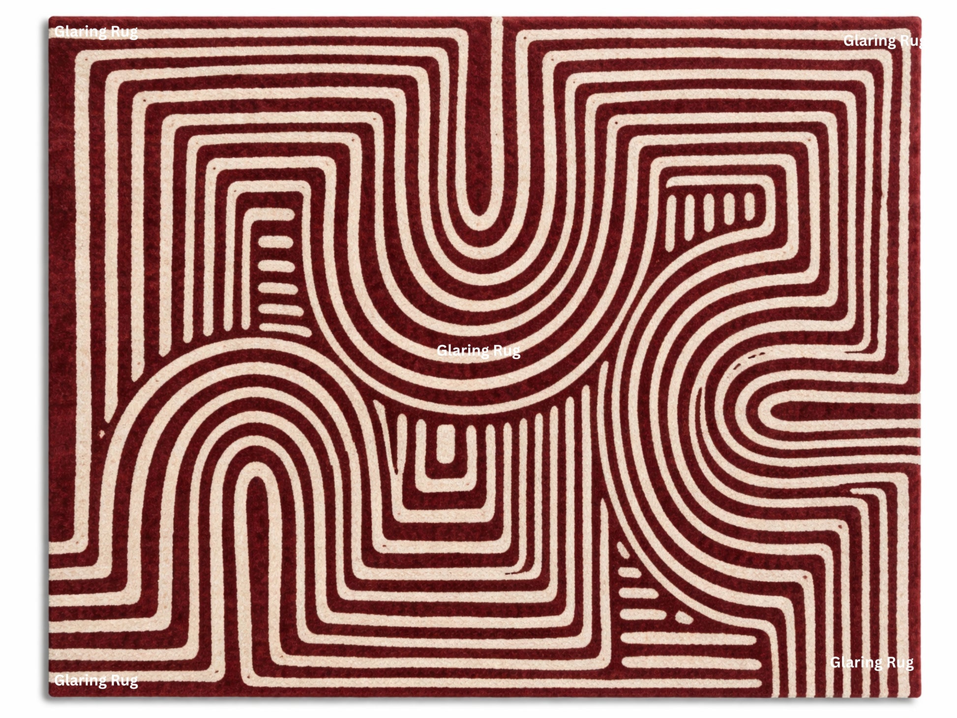 A rectangular rug with a geometric pattern. The rug features a repeating design of curved and straight lines in a cream color against a deep red background. The rug's design creates a sense of depth and movement.