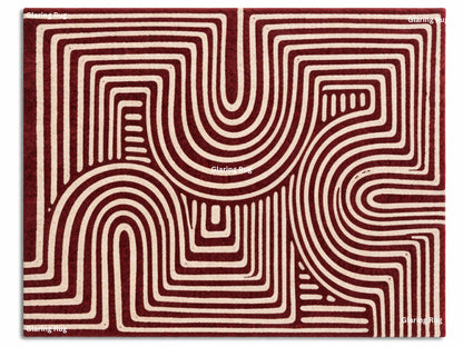A rectangular rug with a geometric pattern. The rug features a repeating design of curved and straight lines in a cream color against a deep red background. The rug's design creates a sense of depth and movement.