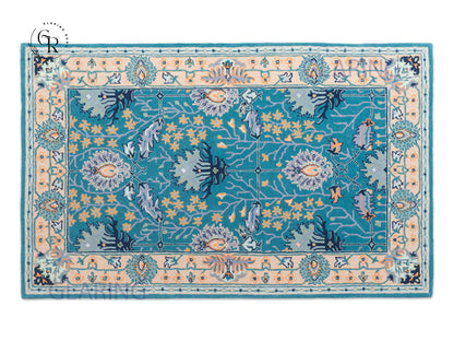 Handmade Wool Rug | Teal Blue & Orange Floral Rugs 5x8