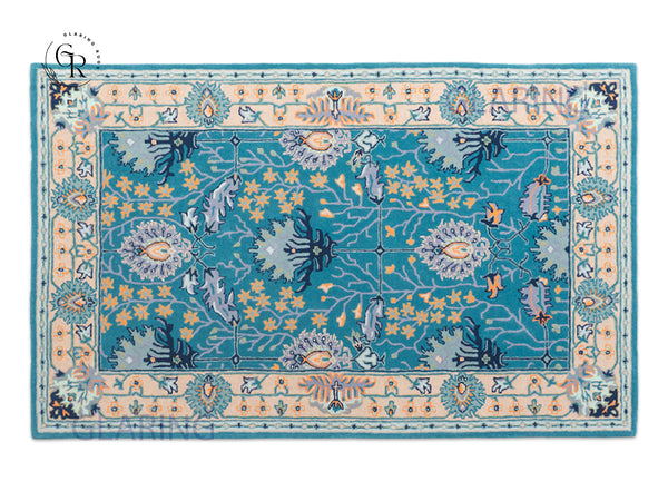 Handmade Wool Rug | Teal Blue & Orange Floral Rugs 5x8