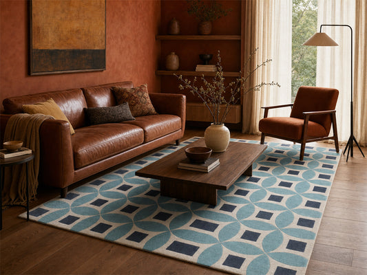 Handmade Moroccan Rug | Geometric Design in Blue, Grey & Ivory