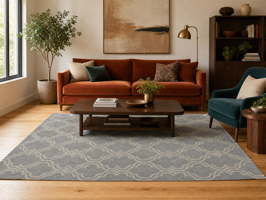 Handmade Moroccan Rug | Scroll Tile Design in Grey & Ivory
