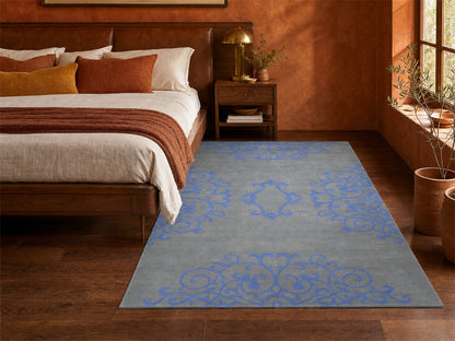 Handmade French Rug | Floral Design in Grey & Blue