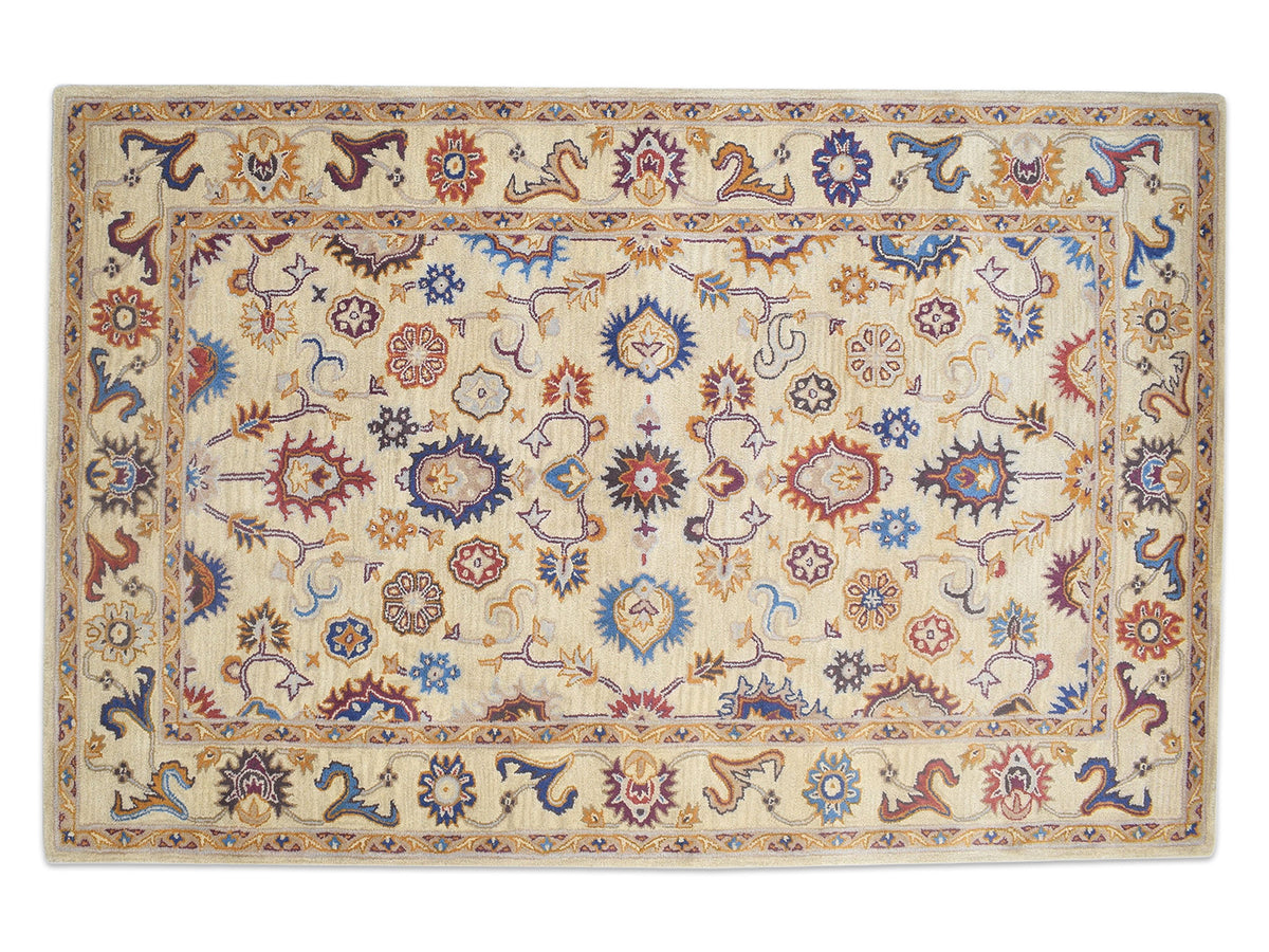 Handmade Bohemian Rug | Oriental Design in Beige, Blue & Red