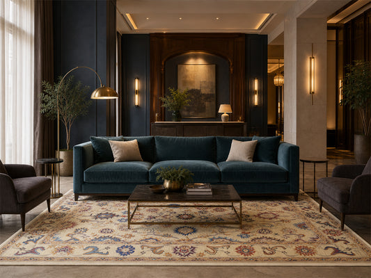 Handmade Bohemian Rug | Oriental Design in Beige, Blue & Red