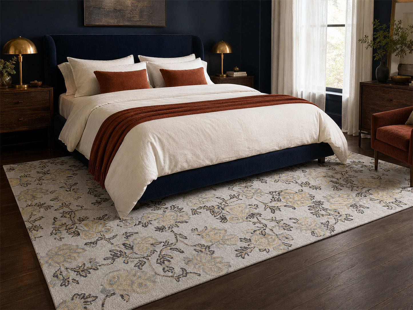 Handmade French Rug | Floral Design in Grey, Beige & Charcoal