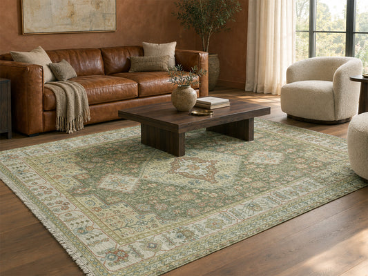 Hand-Knotted Traditional Rug | Serapi Design in Green