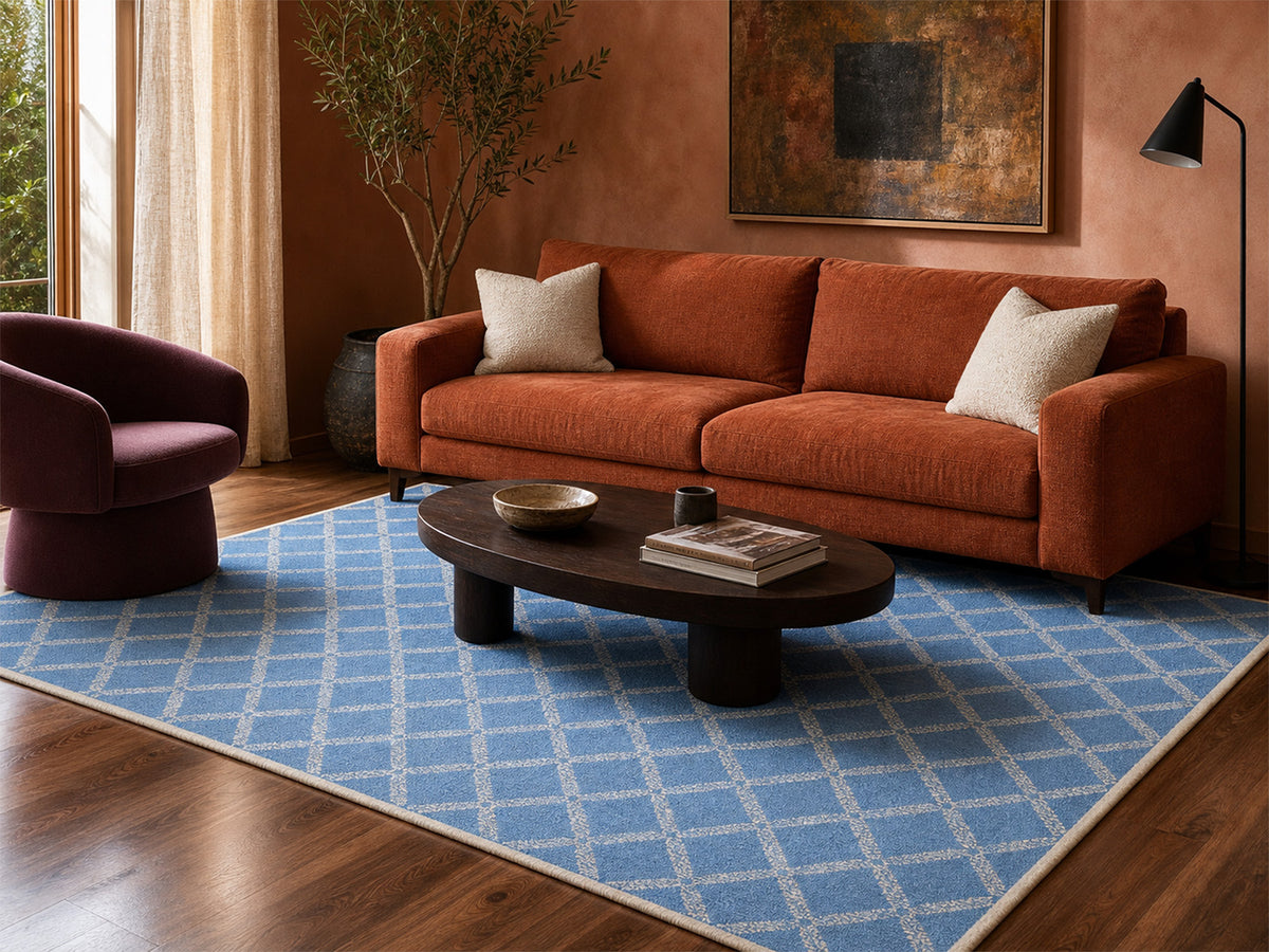 Handmade Scandinavian Rug | Geometric Design in Blue & Ivory