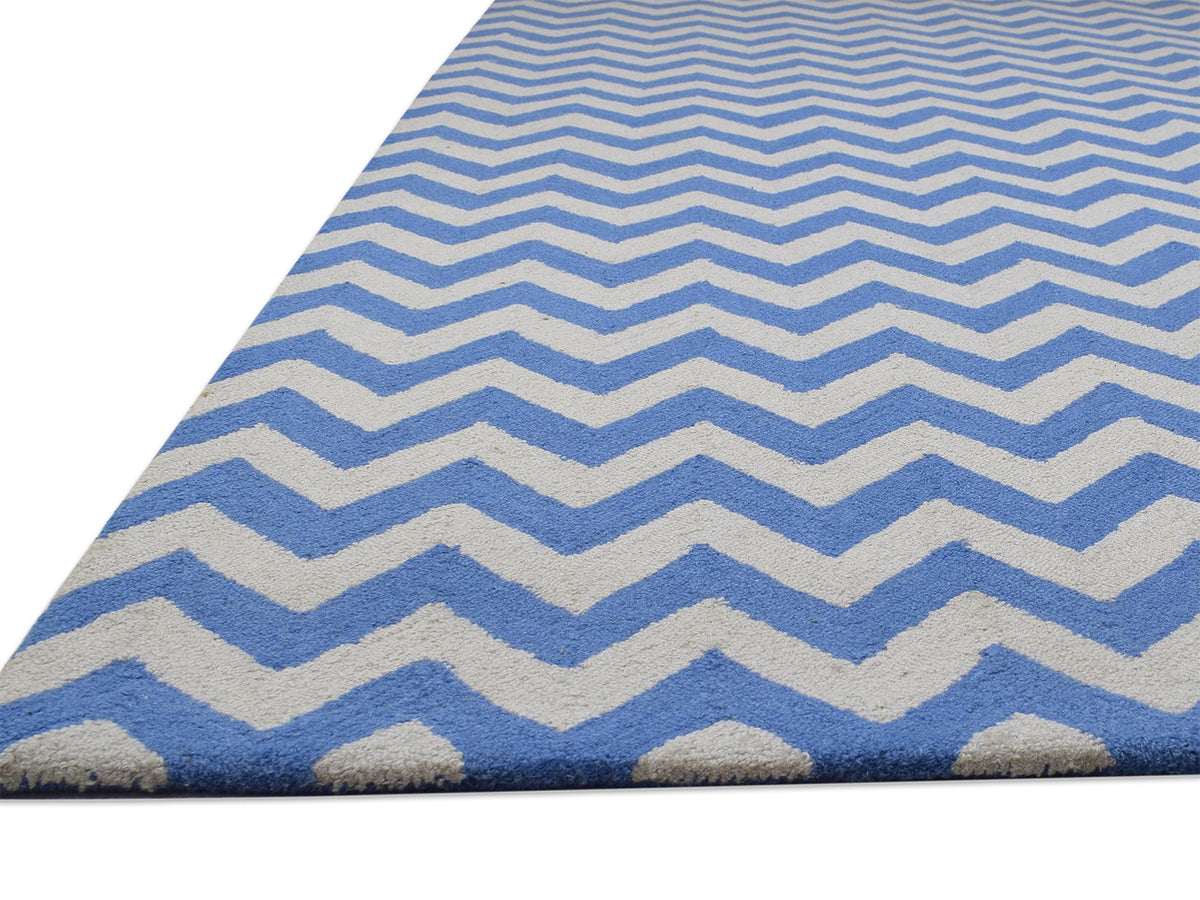 Handmade Scandinavian Rug | Chevron Design in Blue & Ivory