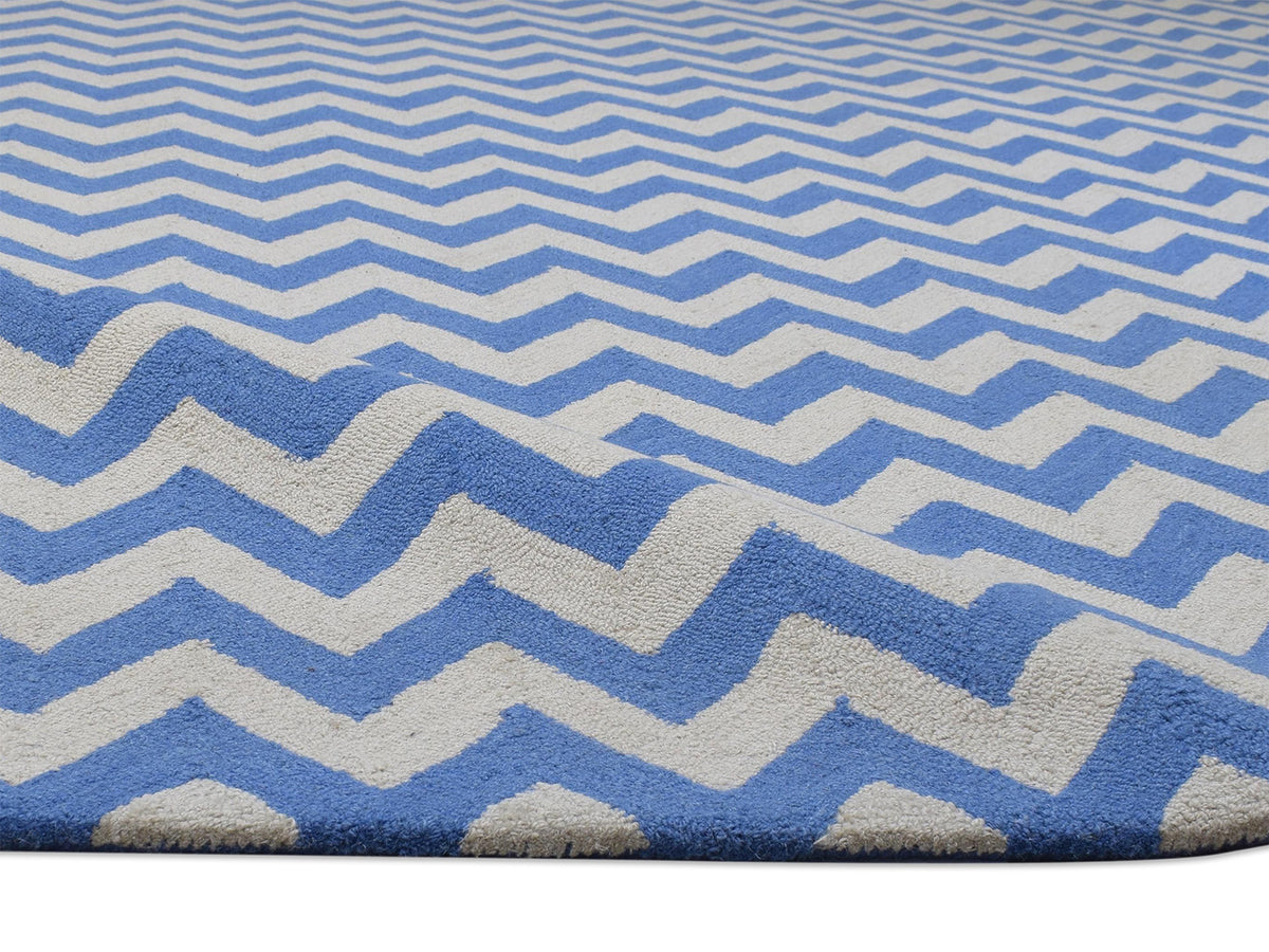 Handmade Scandinavian Rug | Chevron Design in Blue & Ivory