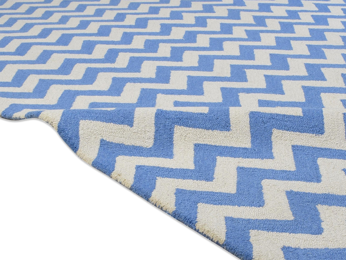 Handmade Scandinavian Rug | Chevron Design in Blue & Ivory