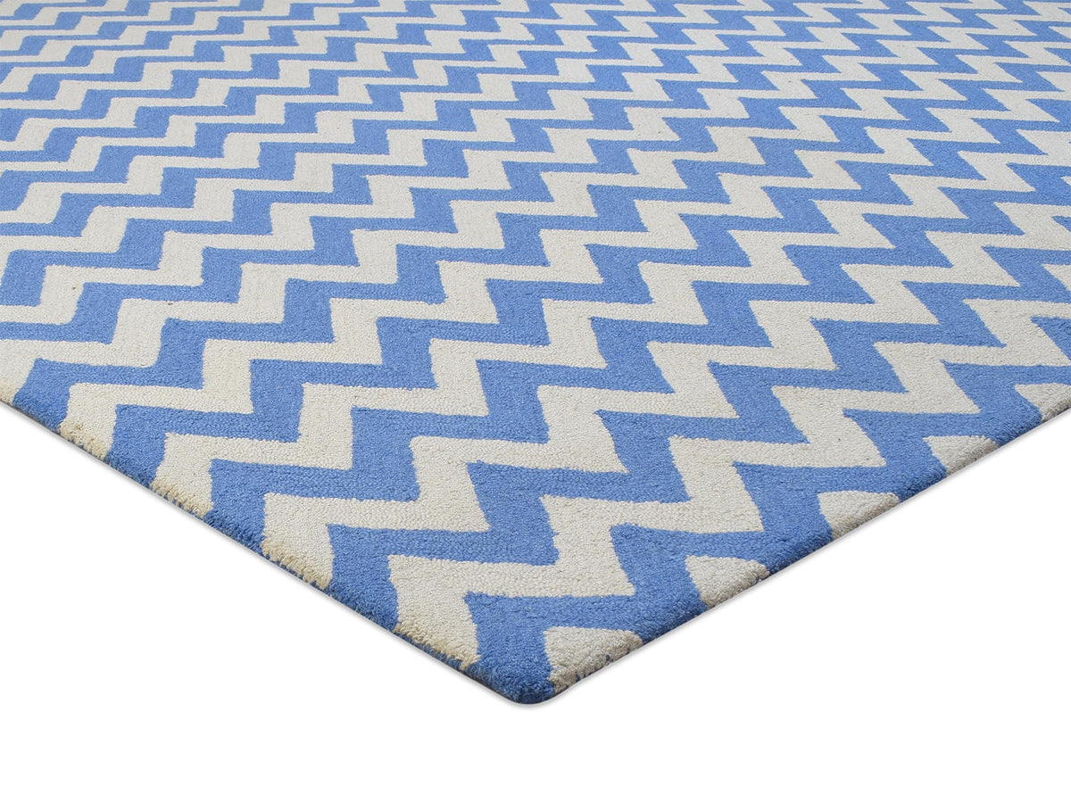 Handmade Scandinavian Rug | Chevron Design in Blue & Ivory