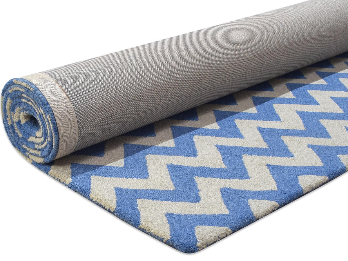 Handmade Scandinavian Rug | Chevron Design in Blue & Ivory