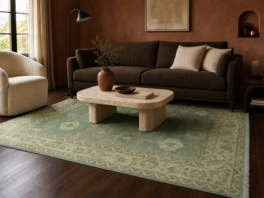 Hand-Knotted Traditional Rug | Oushak Design in Green