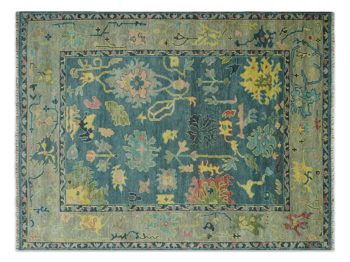 Hand-Knotted Traditional Rug | Oushak Design in Teal Blue