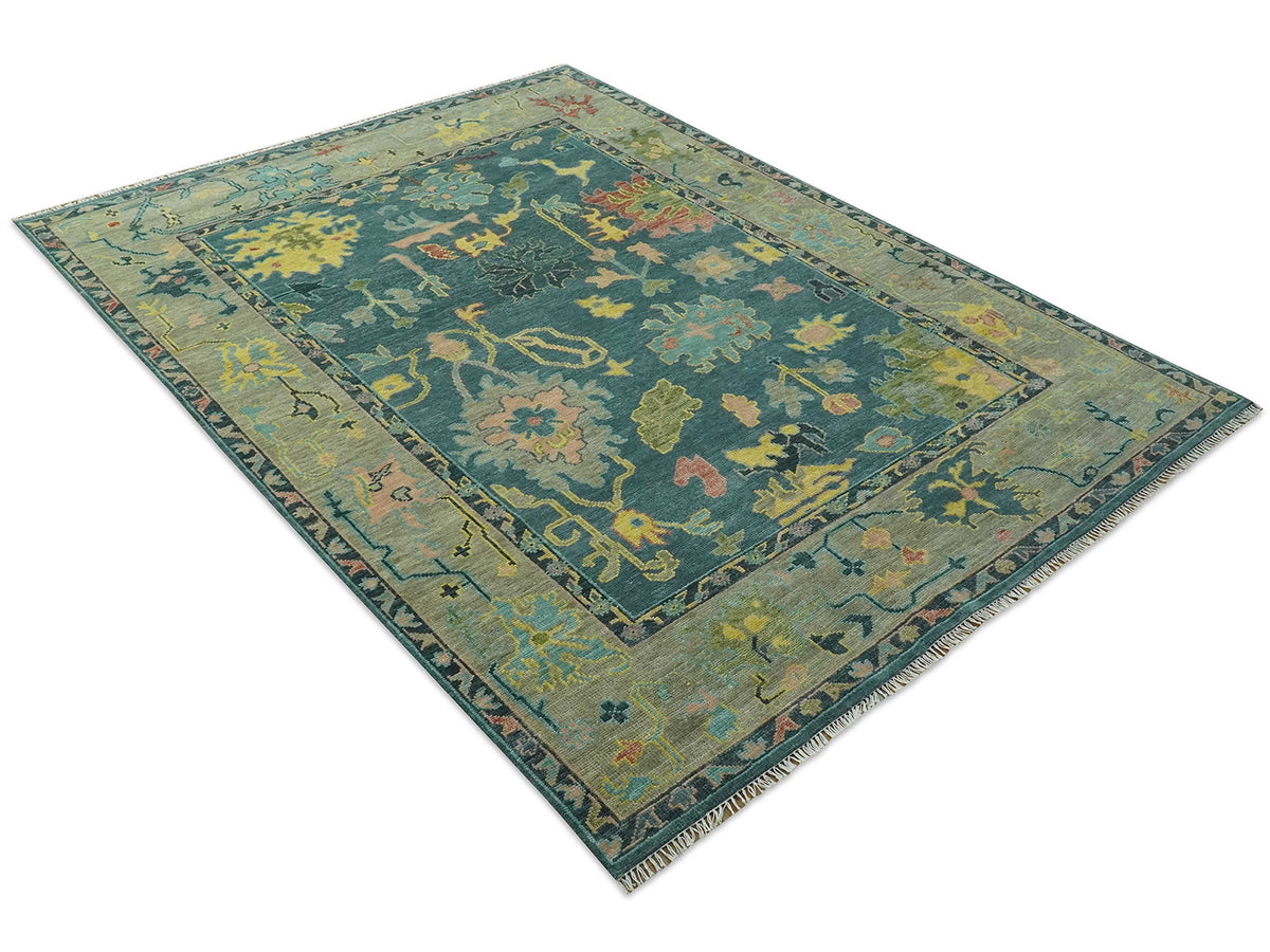 Hand-Knotted Traditional Rug | Oushak Design in Teal Blue