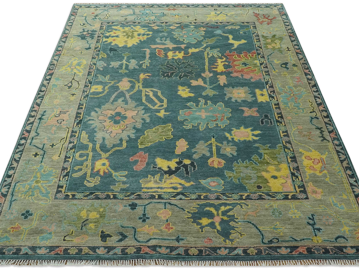 Hand-Knotted Traditional Rug | Oushak Design in Teal Blue