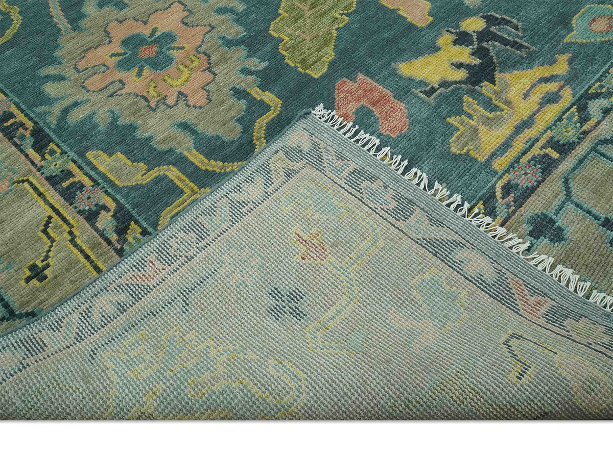 Hand-Knotted Traditional Rug | Oushak Design in Teal Blue