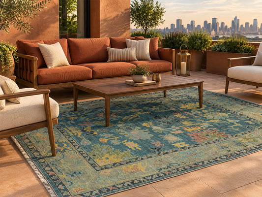 Hand-Knotted Traditional Rug | Oushak Design in Teal Blue