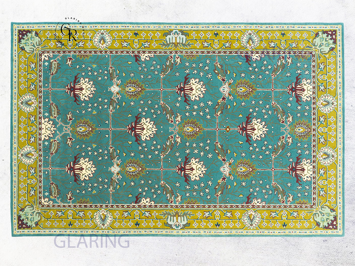 Handmade Wool Rug | Teal Blue & Gold Floral Rugs 9x14