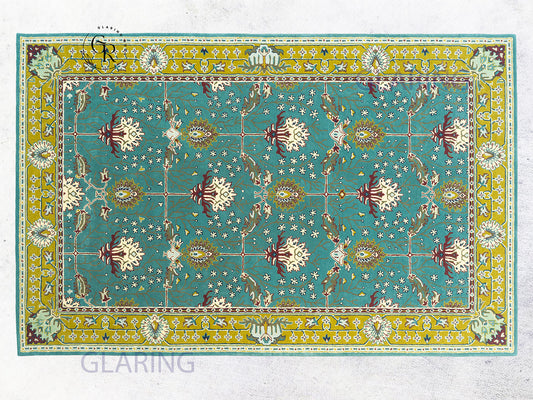 Handmade Wool Rug | Teal Blue & Gold Floral Rugs 9x14