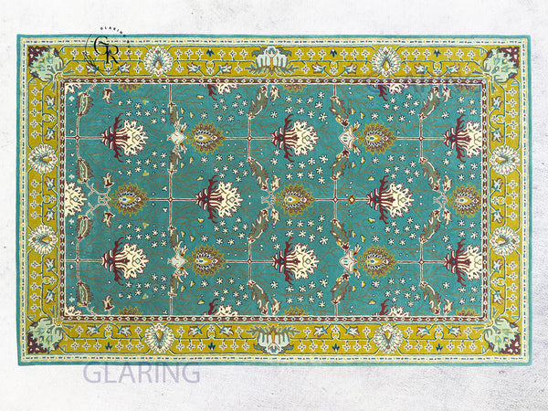 Handmade Wool Rug | Teal Blue & Gold Floral Rugs 9x14