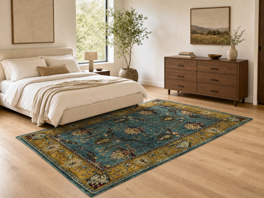 Traditional teal blue rug Persian design in teal blue, gold, green and red color