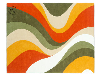 Abstract Wave Wool Rug | Beige Rust Green Gold 8x10 Rug