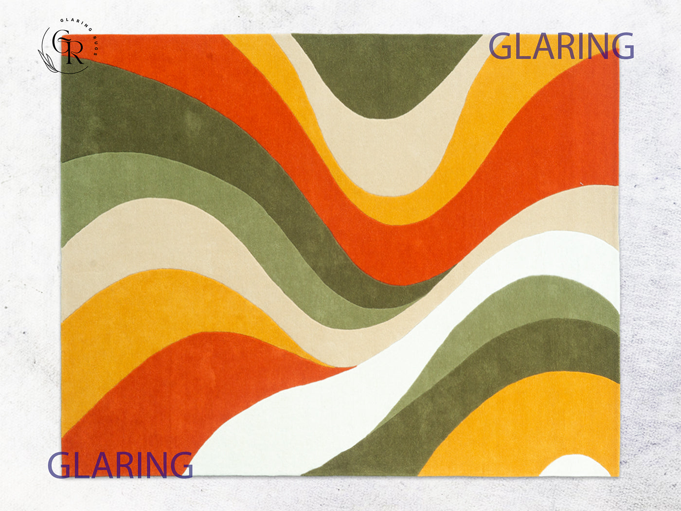 Handmade Abstract Wave Rug | Orange Olive Green Modern Rug