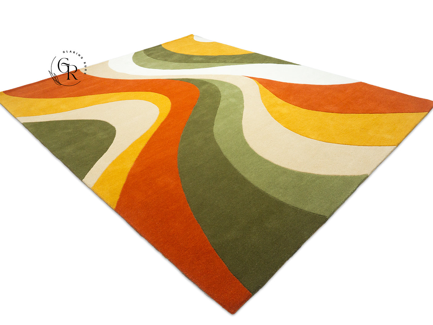 Abstract Wave Wool Rug | Beige Rust Green Gold 8x10 Rug