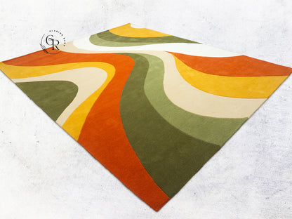 Handmade Abstract Wave Rug | Orange Olive Green Modern Rug
