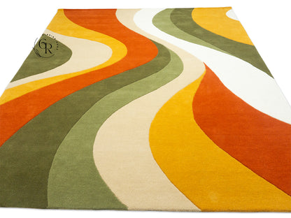 Abstract Wave Wool Rug | Beige Rust Green Gold 8x10 Rug