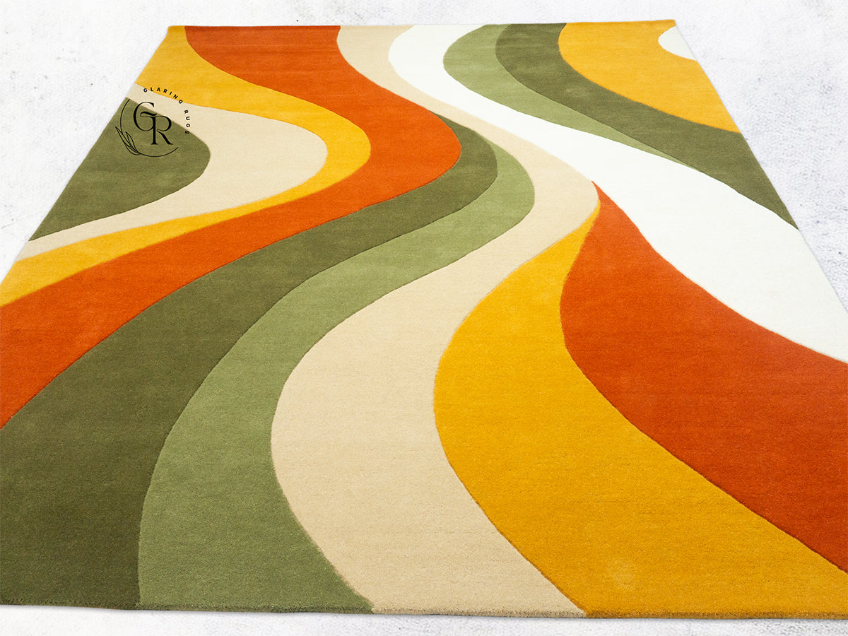 Handmade Abstract Wave Rug | Orange Olive Green Modern Rug