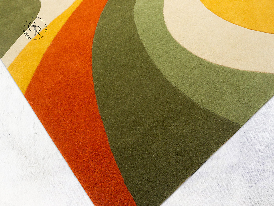 Handmade Abstract Wave Rug | Orange Olive Green Modern Rug