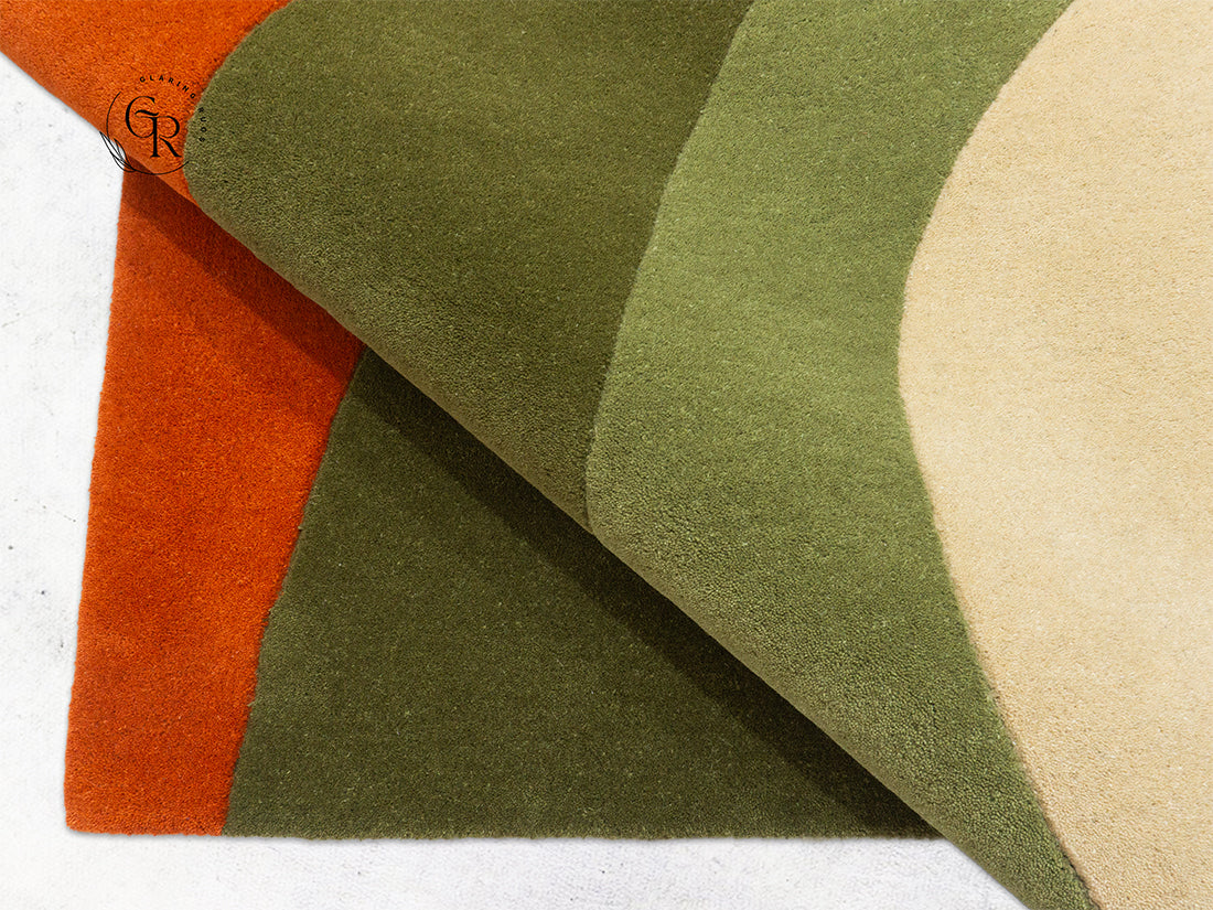 Handmade Abstract Wave Rug | Orange Olive Green Modern Rug
