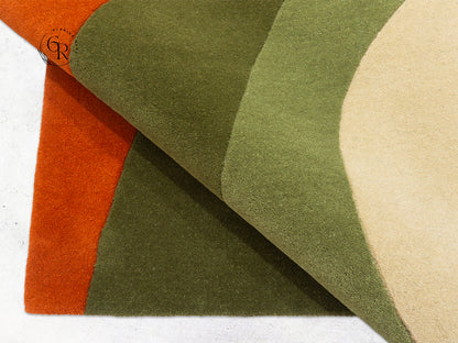 Handmade Abstract Wave Rug | Orange Olive Green Modern Rug