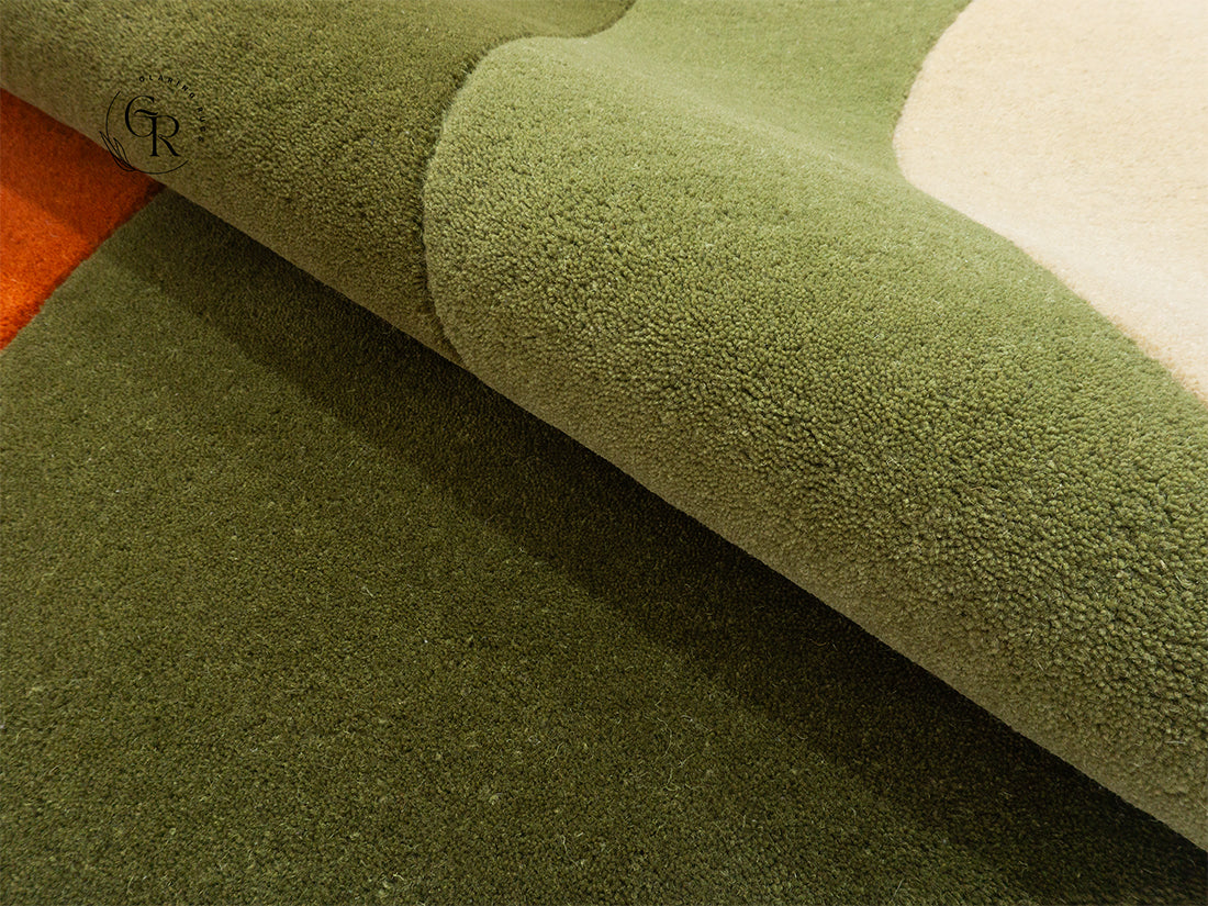 Handmade Abstract Wave Rug | Orange Olive Green Modern Rug