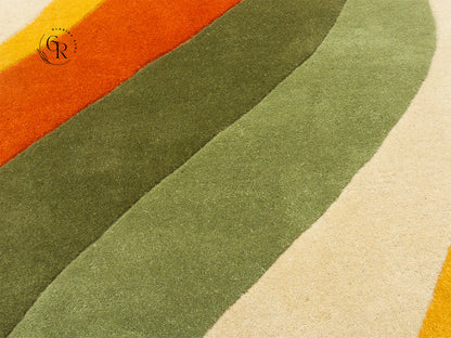 Handmade Abstract Wave Rug | Orange Olive Green Modern Rug