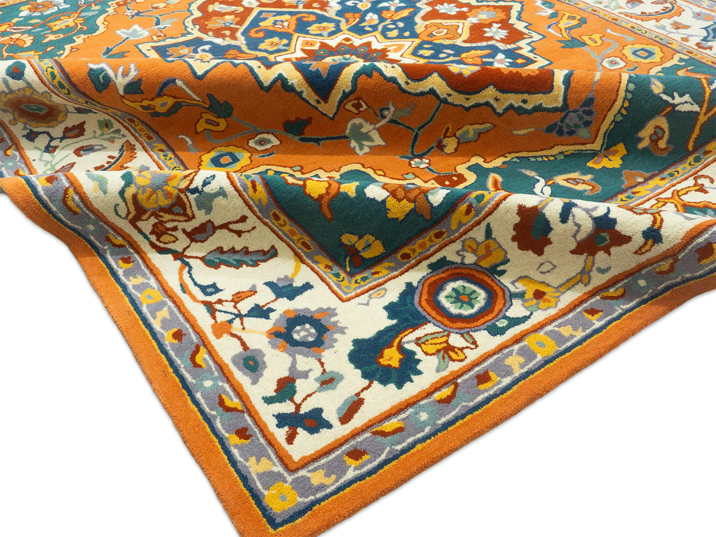 Hand Tufted Serapi Rug | Traditional Orange Blue Oriental Wool Area Rug