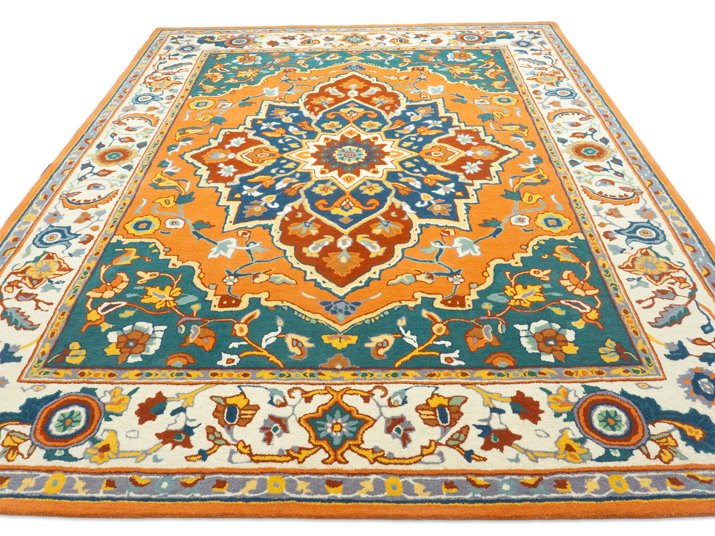 Hand Tufted Serapi Rug | Traditional Orange Blue Oriental Wool Area Rug