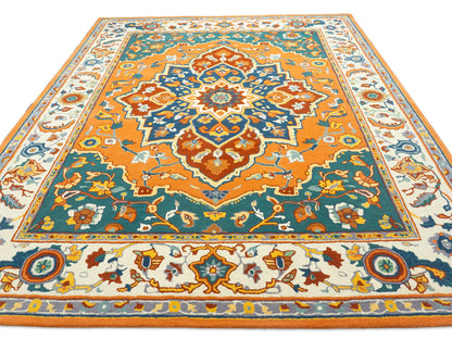 Hand Tufted Serapi Rug | Traditional Orange Blue Oriental Wool Area Rug