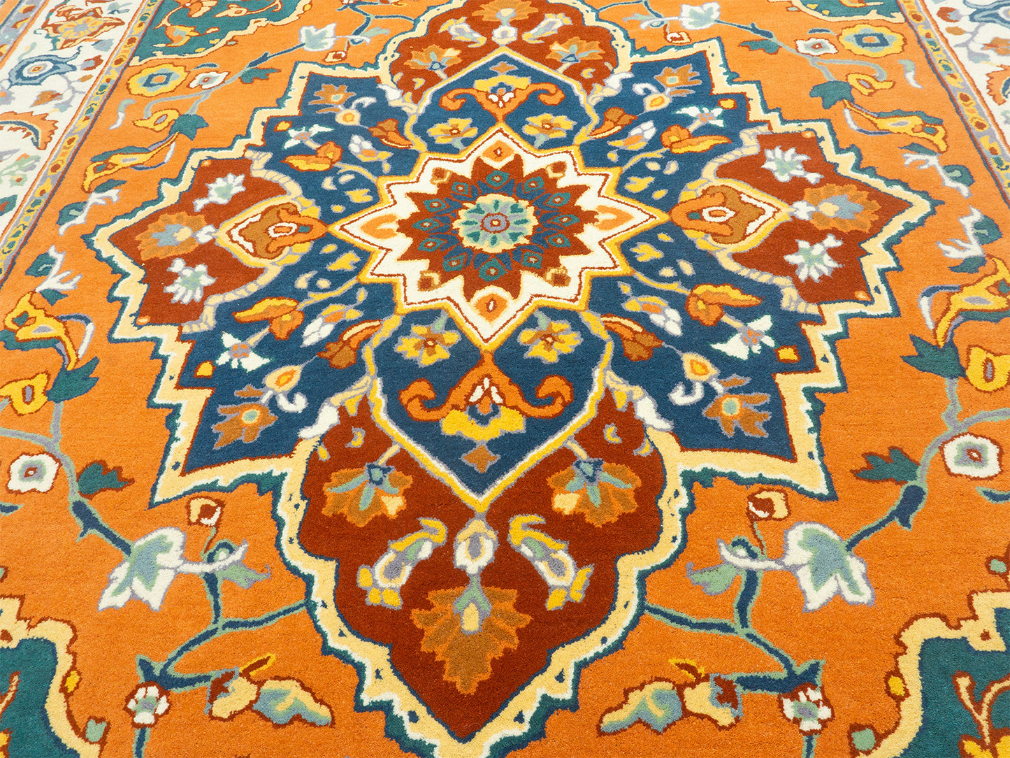 Hand Tufted Serapi Rug | Traditional Orange Blue Oriental Wool Area Rug