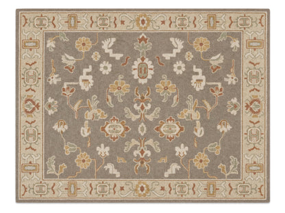 Handmade Brown Beige Floral Oriental Rug | Vintage Oushak Style Wool Area Rug