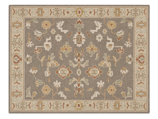 Handmade Brown Beige Floral Oriental Rug | Vintage Oushak Style Wool Area Rug