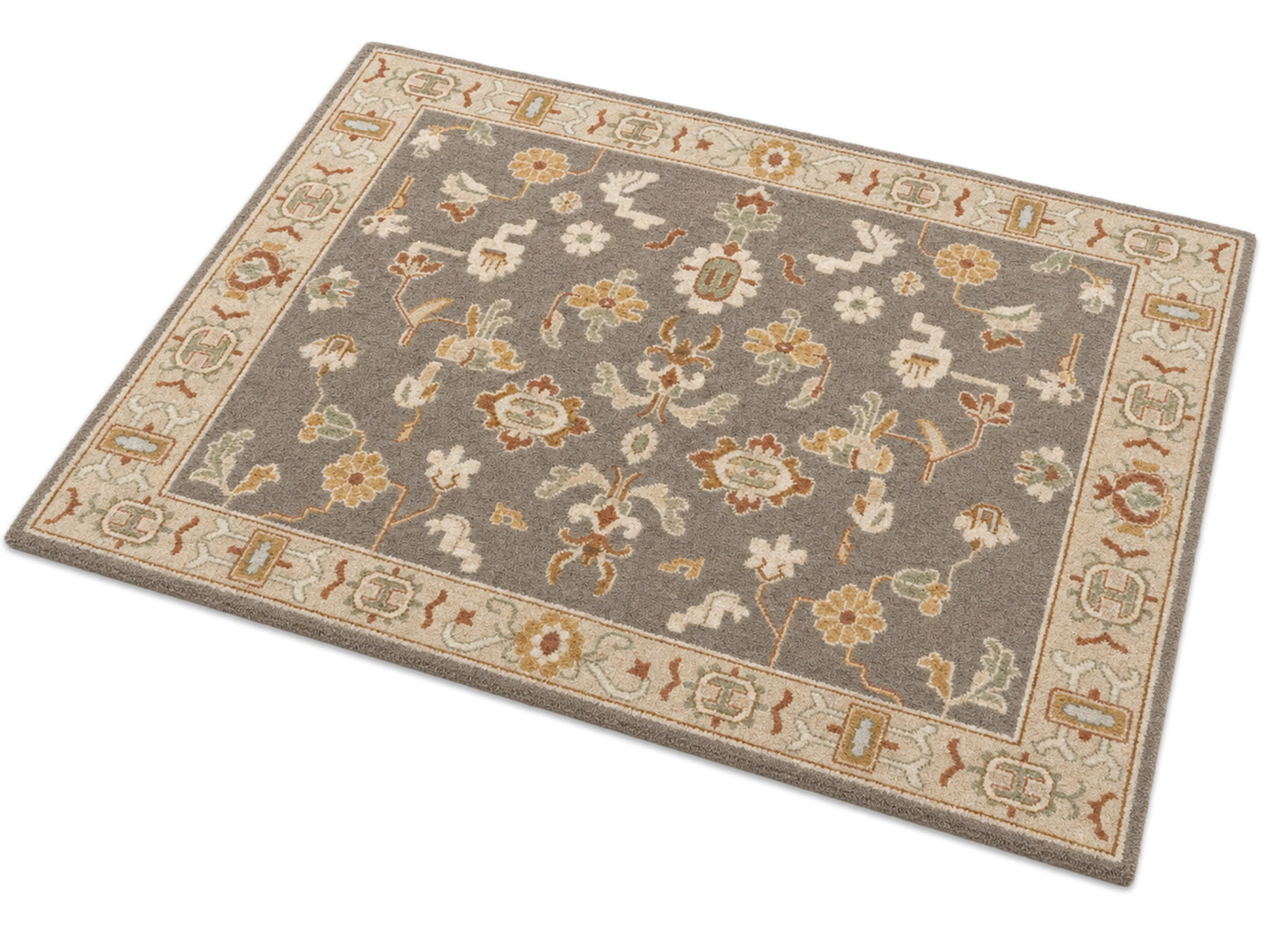Handmade Brown Beige Floral Oriental Rug | Vintage Oushak Style Wool Area Rug
