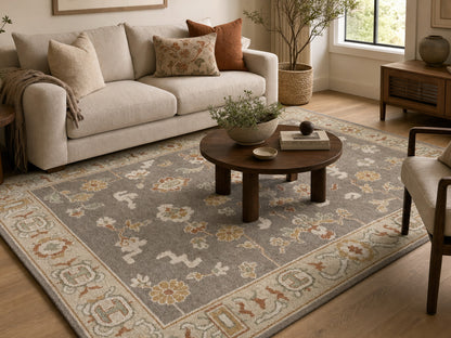 Handmade Brown Beige Floral Oriental Rug | Vintage Oushak Style Wool Area Rug
