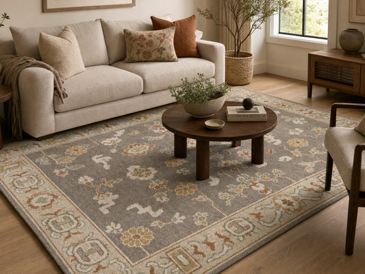 Handmade Brown Beige Floral Oriental Rug | Vintage Oushak Style Wool Area Rug