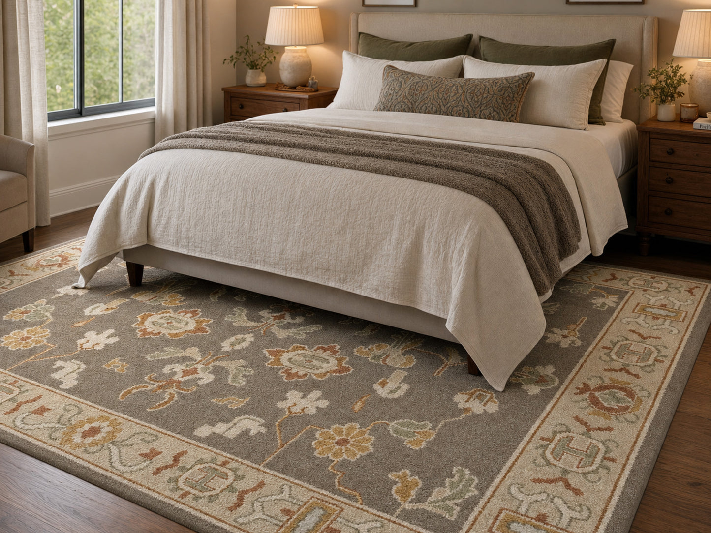 Handmade Brown Beige Floral Oriental Rug | Vintage Oushak Style Wool Area Rug