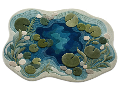 Hand Tufted Wool Rug|Blue Green Pond Shape Area Rug|Organic Modern Lily Pad Carpet
